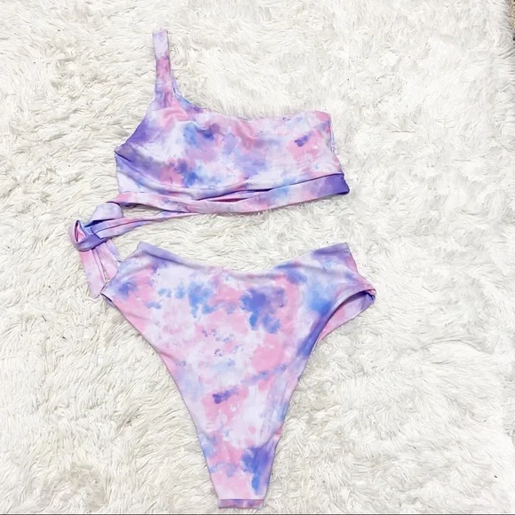 NEW Tie Dye One shoulder Two Piece Cheeky Bikini M - Picture 2 of 5